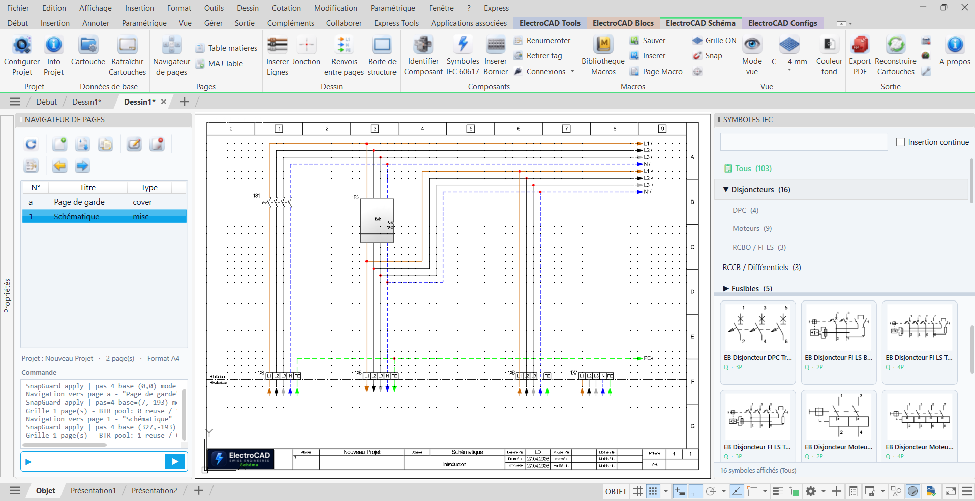 Schéma électrique unifilaire généré dans AutoCAD avec ElectroSchema