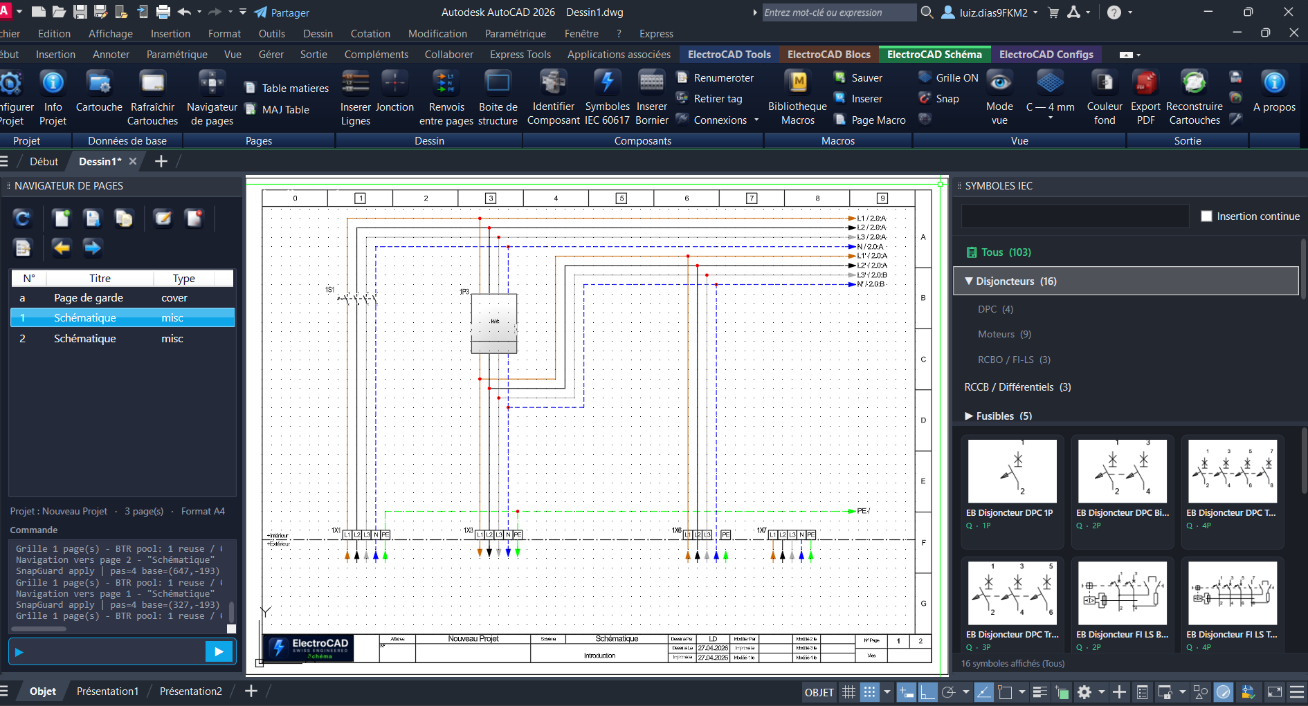 Schéma électrique unifilaire généré dans AutoCAD avec ElectroSchema
