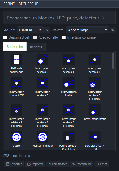 Palette de recherche de symboles IEC 60617 dans AutoCAD