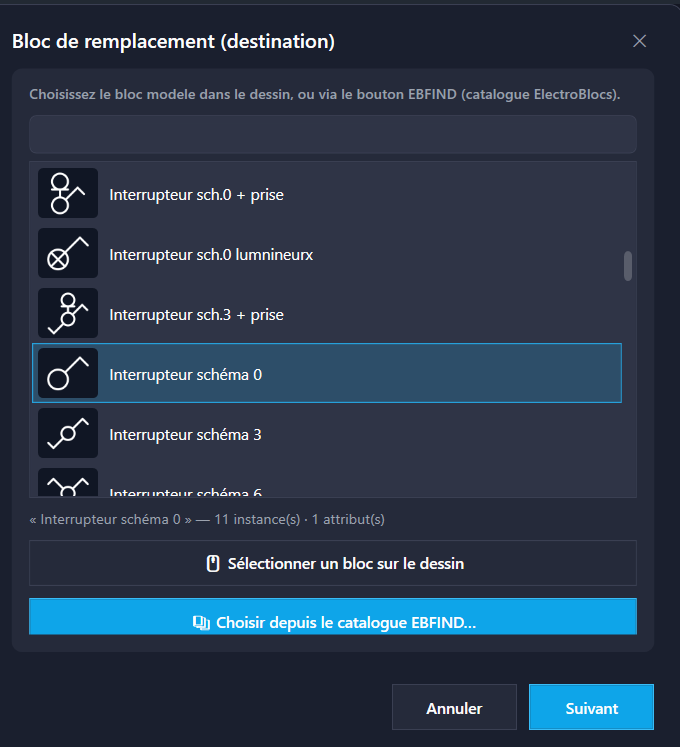 Le choix du <strong>bloc de destination</strong> : dans le dessin, ou depuis le catalogue EBFIND.