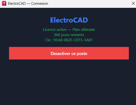 Licence active : le <strong>plan</strong>, le nombre de <strong>jours restants</strong> and the <strong>clé</strong> du poste.