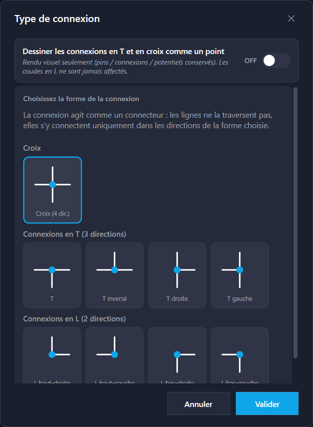 Les trois familles : <strong>croix</strong> (4 directions), <strong>T</strong> (3 directions, quatre orientations) et <strong>coude</strong> (2 directions, quatre orientations). L'interrupteur du haut change le rendu visuel.