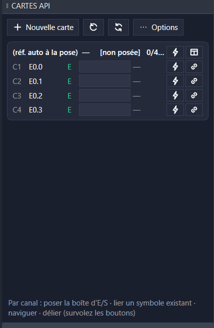 Le <strong>navigateur API</strong> : cartes, canaux, états et boutons d'action.