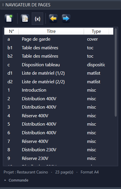 Le <strong>navigateur de pages</strong> ancré à gauche : barre d'outils, liste des pages, section Commande repliée.