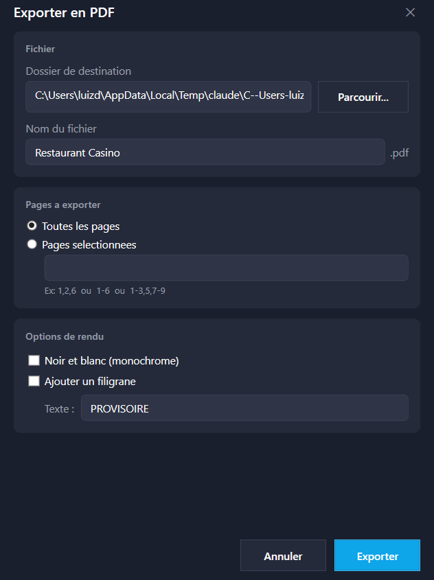 L'<strong>export PDF</strong> : choix des pages et fenêtre de progression.