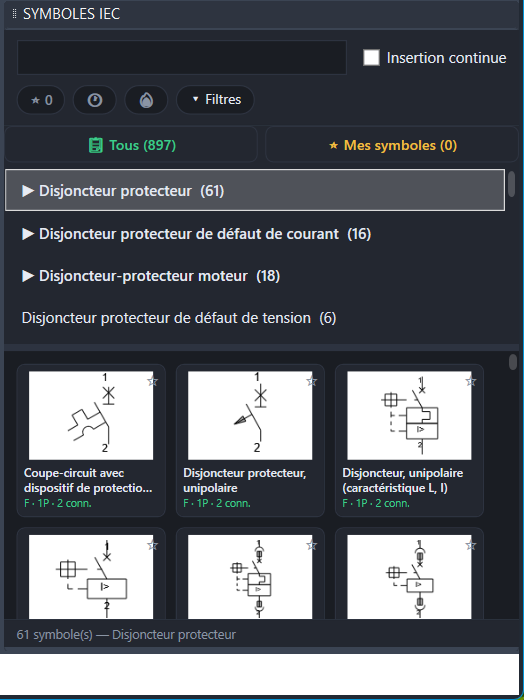 La palette ancrée à droite. Ici la catégorie <strong>Disjoncteur protecteur</strong> est dépliée : 61 symboles, la vignette montrant le tracé exact qui sera inséré.