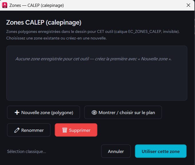Les <strong>zones enregistrées</strong> de l'outil : chaque commande a les siennes, sur un calque invisible propre.