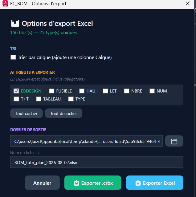Les <strong>options d'export Excel</strong> : tri par calque et choix des attributs à sortir.