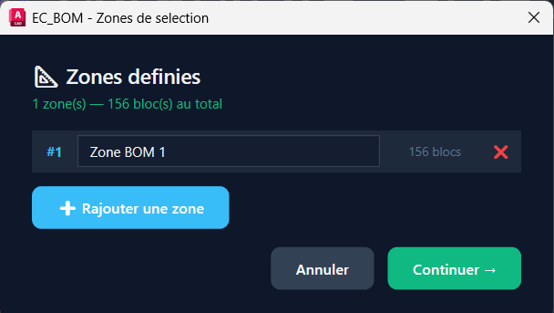 La <strong>liste de matériel du plan</strong> : zones en onglets, blocs comptés.