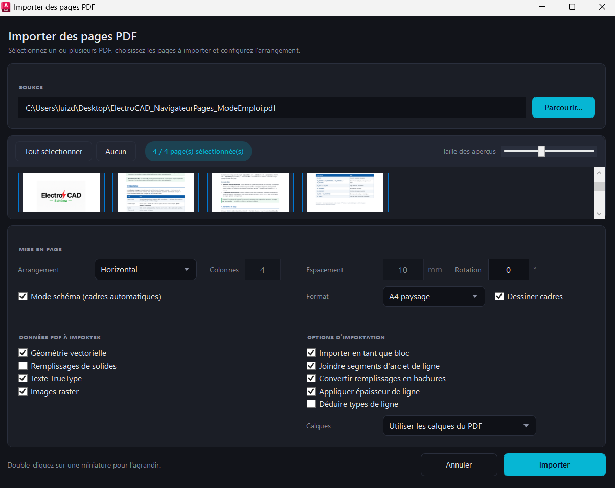 L'<strong>import PDF</strong> : choix des pages, filtres et arrangement.