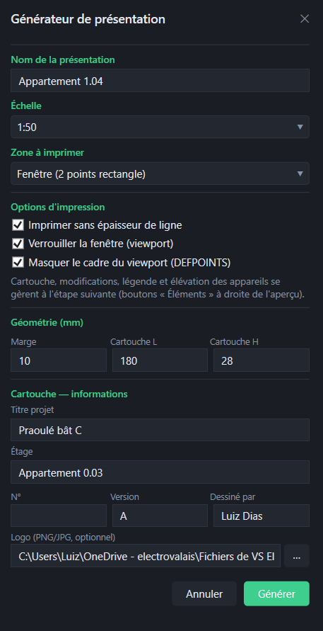 Le <strong>générateur de présentation</strong> : nom, échelle, zone à imprimer, options d'impression et informations de cartouche.